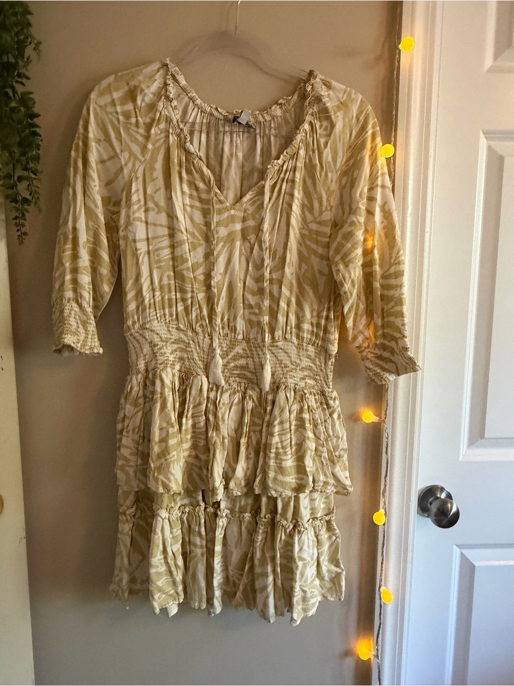 Patrons of Peace Cream & Tan Tiered Smocked Mini Dress